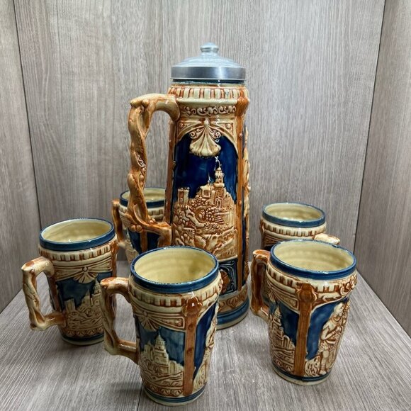 Other - Vtg Ceramic Beer Stein Set w/Lidded Pitcher & 5 Mugs Made in Japan Blue Tan